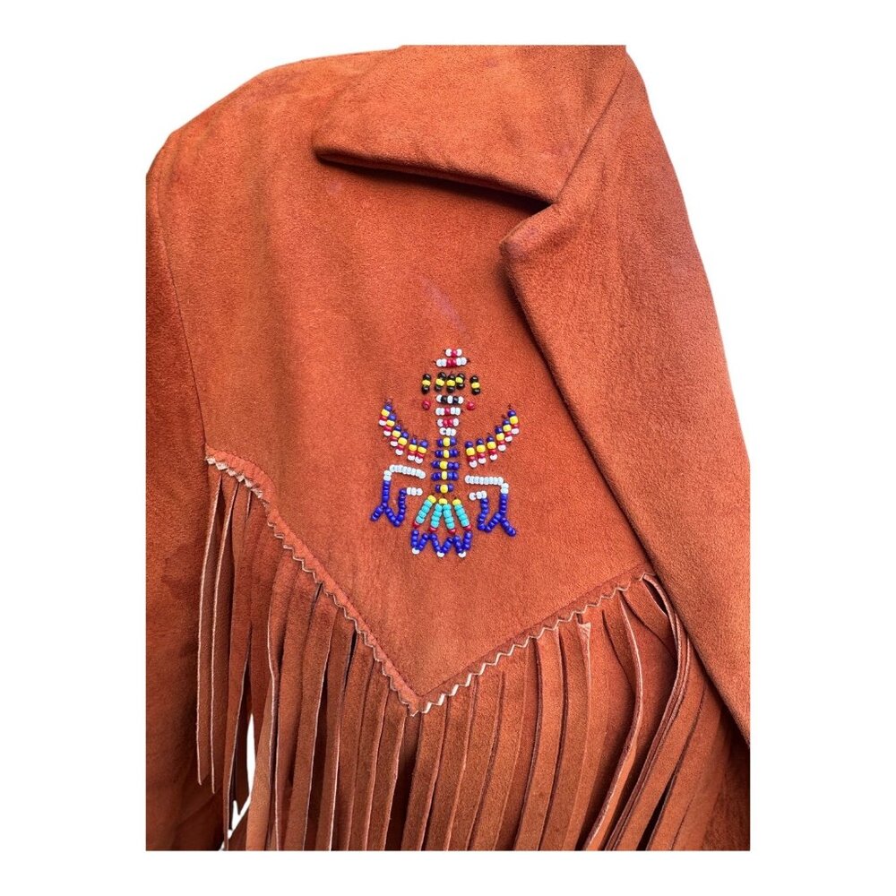Vintage Womens Fringe Embroidered Suede Jacket With Belt Artisan Designed - Picture 7 of 9